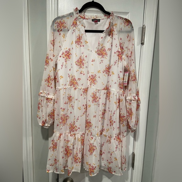 NWT Vince Camuto Size S White Floral Ruffle Flowy Long Sleeve Sheer Mini Dress - Picture 1 of 14